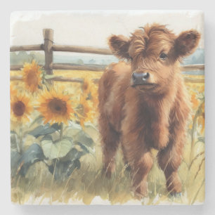 Watercolor Sunflowers and Highland Calf Stone Coaster
