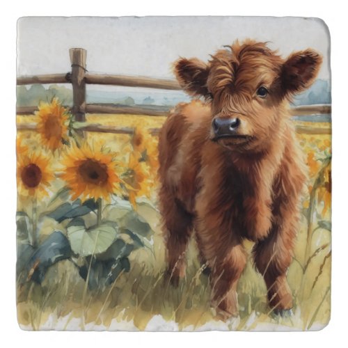 Watercolor Sunflowers and Highland Calf Trivet