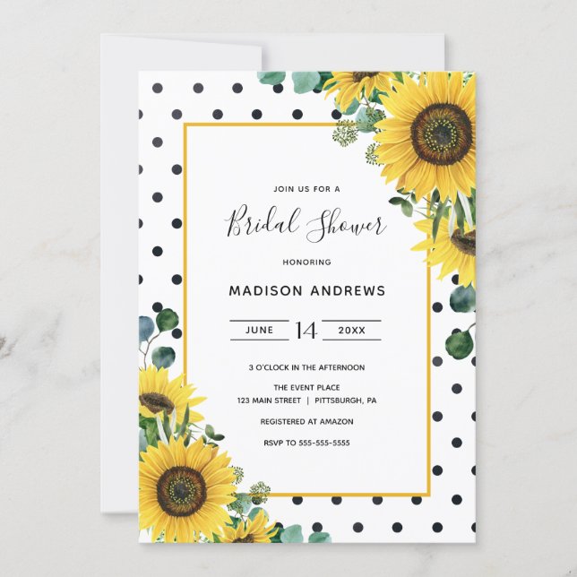 Watercolor Sunflowers and polka dots Bridal Shower Invitation (Front)