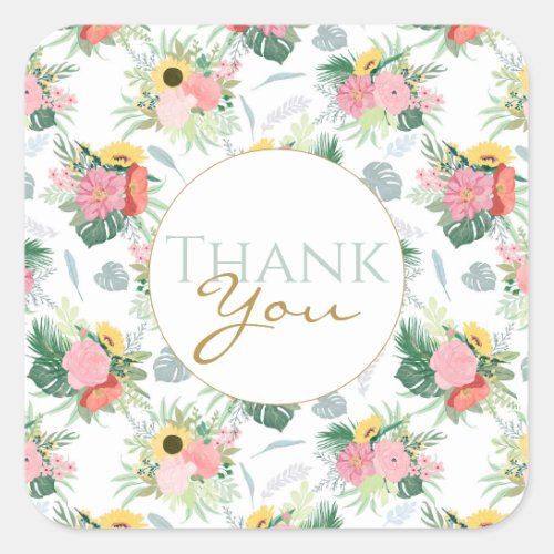 Watercolor Sunflowers and Poppies Botanical Square Sticker