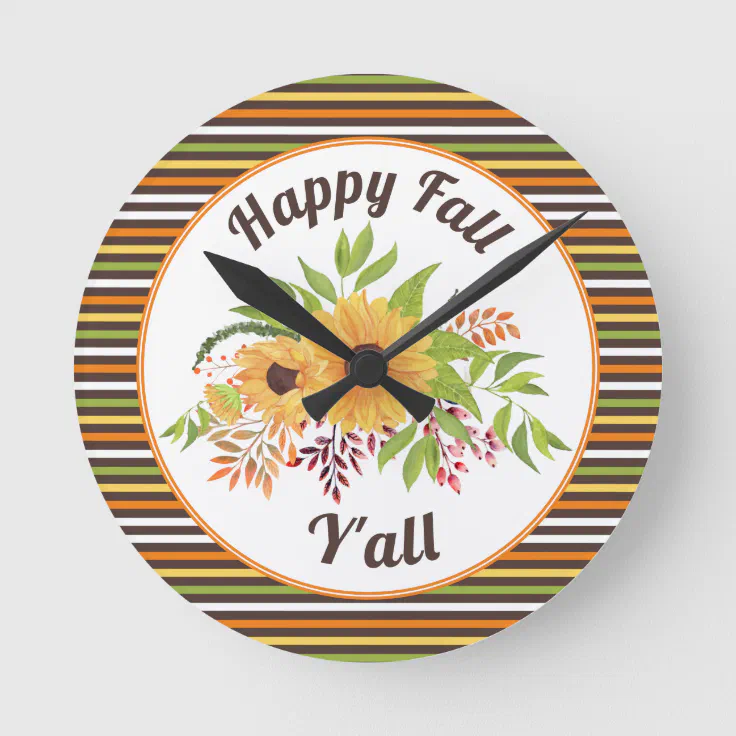 Watercolor sunflowers and stripes Happy fall Y'all Round Clock | Zazzle
