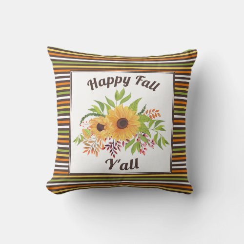 Watercolor sunflowers and stripes Happy fall Yall Throw Pillow