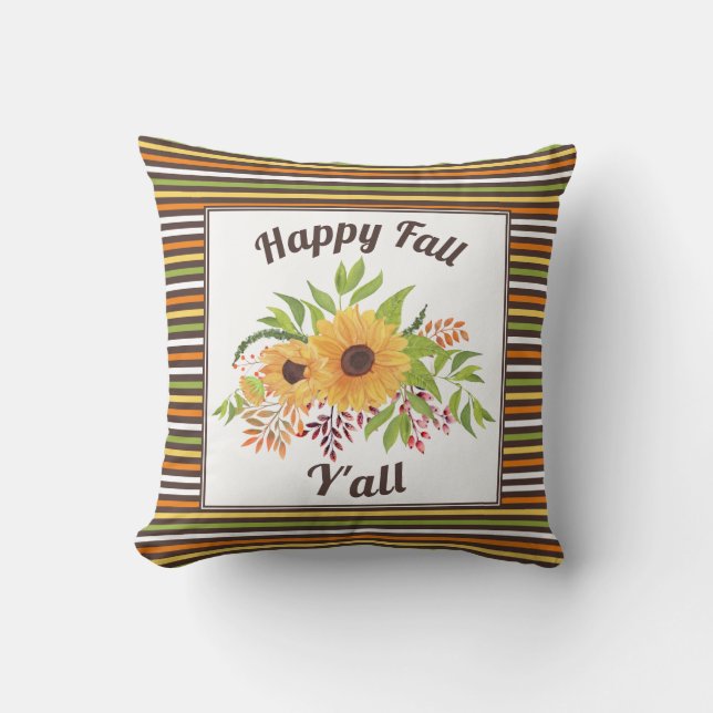 Watercolor sunflowers and stripes Happy fall Y'all Throw Pillow (Front)