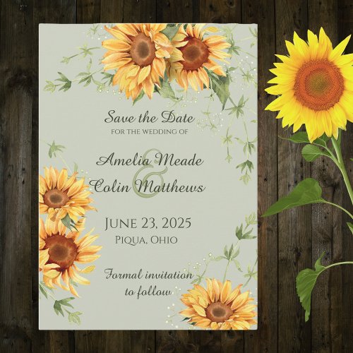 Watercolor Sunflowers and Vines on Sage Green  Save The Date