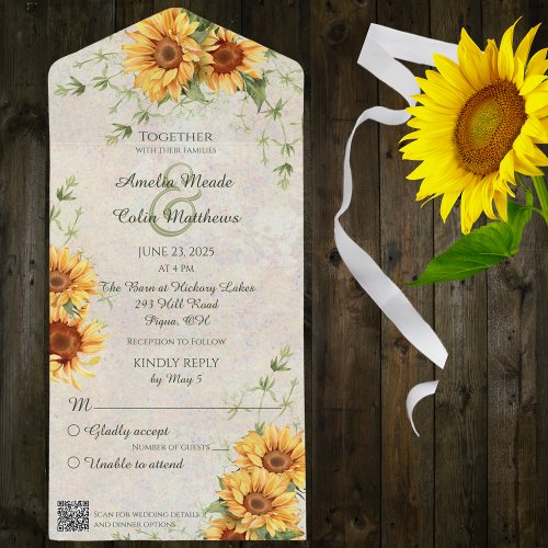 Watercolor Sunflowers and Vines with QR Code  All In One Invitation