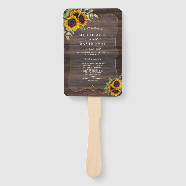 Watercolor Sunflowers Barn Frame Wedding Program Hand Fan (Front)