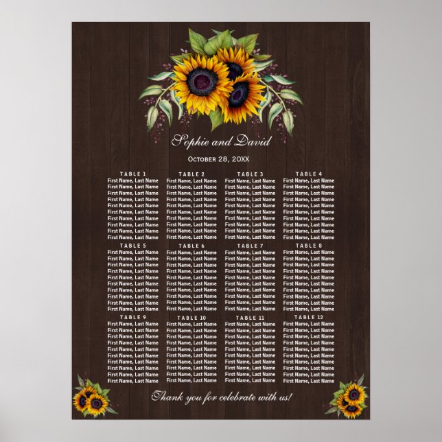 Watercolor Sunflowers Barn Wedding Seating Chart (Front)