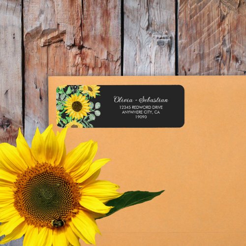 Watercolor Sunflowers  Black Return Address Label