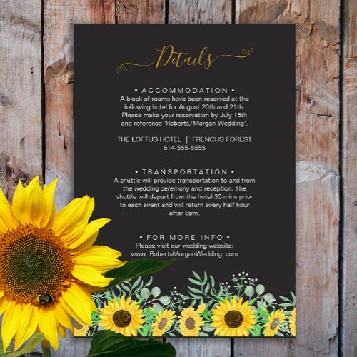 Watercolor Sunflowers Black Wedding Details Enclosure Card