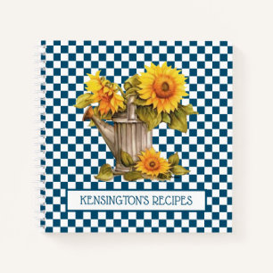 Watercolor Sunflowers Blue Checkered Recipe Notebook