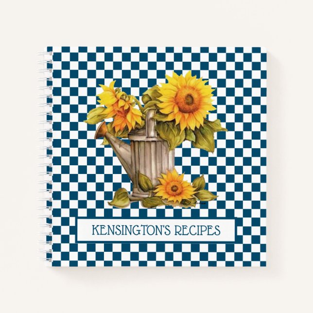 Watercolor Sunflowers Blue Checkered Recipe Notebook (Front)