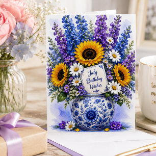 Watercolor Sunflowers & Blue Floral July Birthday Card