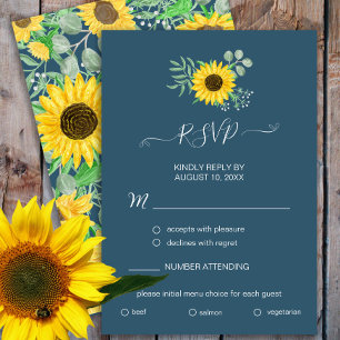 Watercolor Sunflowers Blue Menu Choice RSVP Card