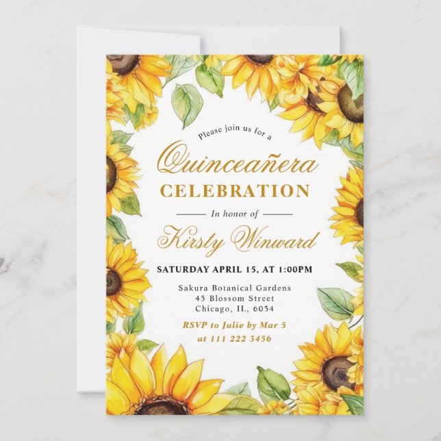 Watercolor Sunflowers Border Frame Quinceanera Invitation (Front)