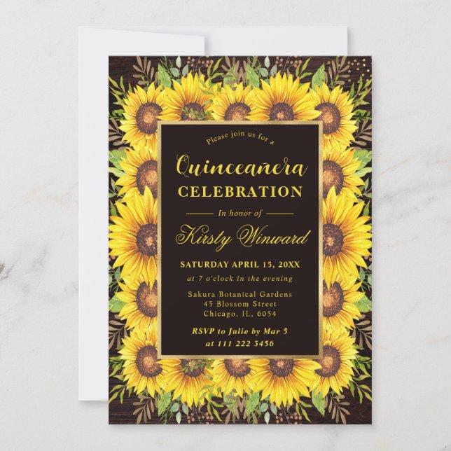 Watercolor Sunflowers Border Frame Quinceanera Invitation (Front)