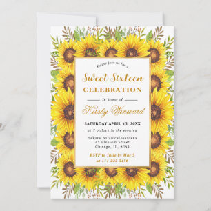 Watercolor Sunflowers Border Frame Sweet 16 Invitation