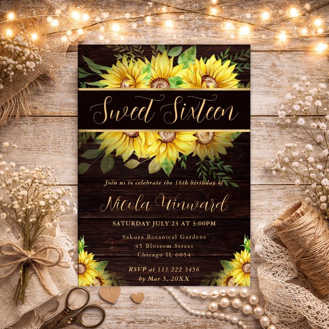 Watercolor Sunflowers Border Frame Sweet 16 Invitation (Creator Uploaded)