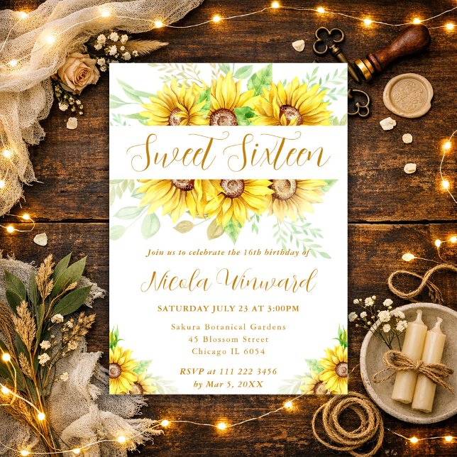 Watercolor Sunflowers Border Frame Sweet 16 Invitation (Creator Uploaded)