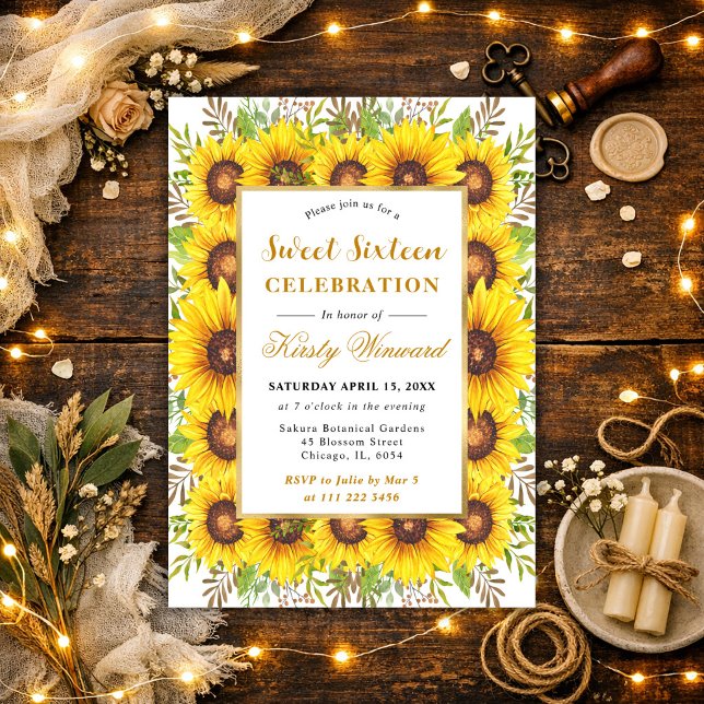 Watercolor Sunflowers Border Frame Sweet 16 Invitation (Creator Uploaded)