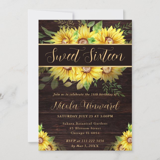 Watercolor Sunflowers Border Frame Sweet 16 Invitation (Front)