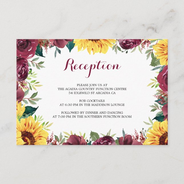 Watercolor Sunflowers Border Wedding Reception Enclosure Card (Front)