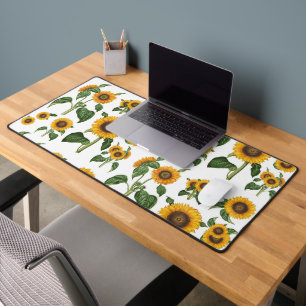Watercolor Sunflowers Botanical Foliage Greenery Desk Mat