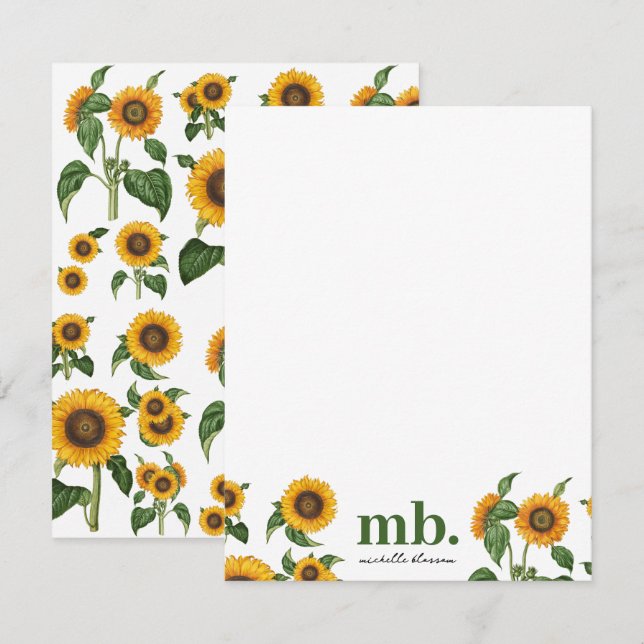 Watercolor Sunflowers Botanical Foliage Greenery Note Card (Front/Back)