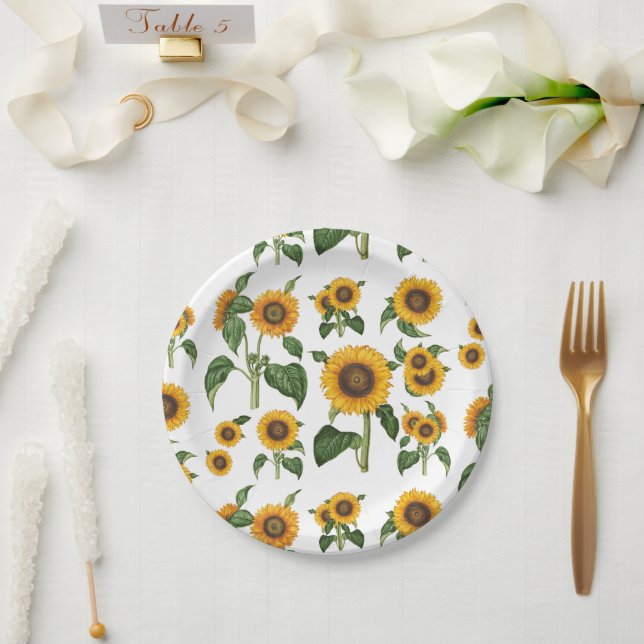 Watercolor Sunflowers Botanical Foliage Greenery Paper Plates (Wedding)