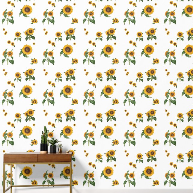 Watercolor Sunflowers Botanical Foliage Greenery Wallpaper (Hallway)