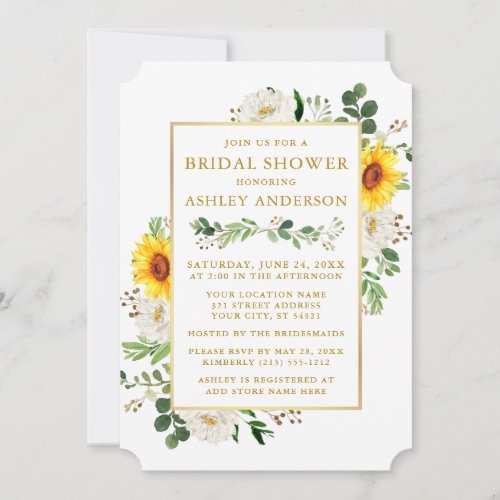 Watercolor Sunflowers Bridal Shower White Floral Invitation