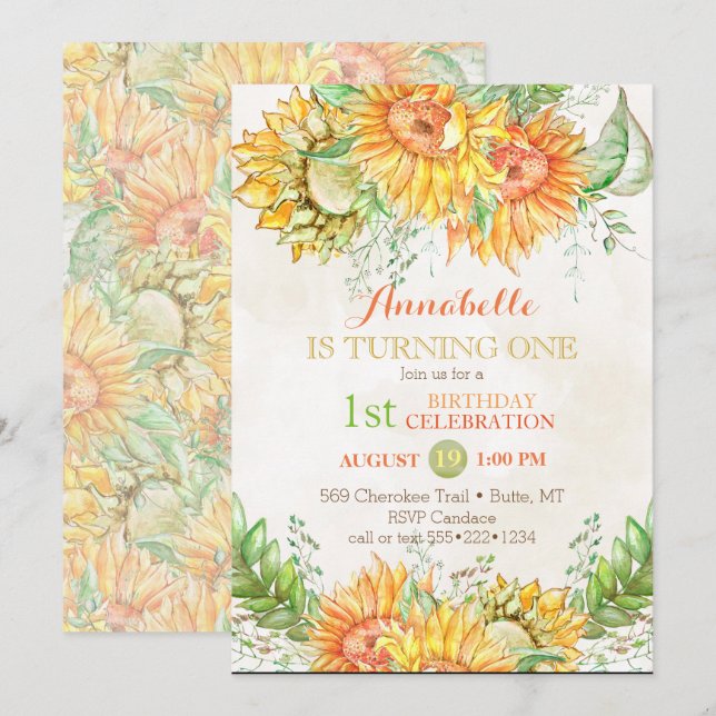 Watercolor Sunflowers Bright Orange Yellow Green Invitation (Front/Back)