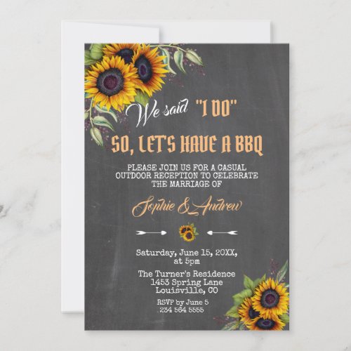 Watercolor Sunflowers Chalkboard Wedding I DO BBQ Invitation