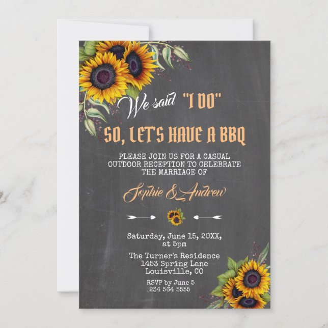 Watercolor Sunflowers Chalkboard Wedding I DO BBQ Invitation (Front)
