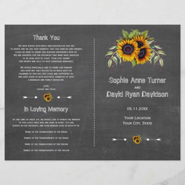 Watercolor Sunflowers Chalkboard Wedding Program Flyer (Front)