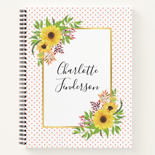 Watercolor sunflowers coral and white polka dots notebook