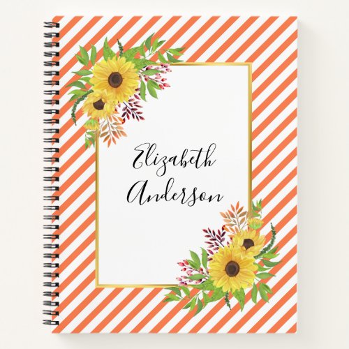 Watercolor sunflowers coral and white stripes notebook