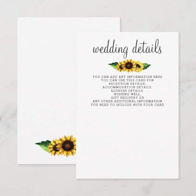 Watercolor Sunflowers Country Rustic Wedding Enclosure Card (Front/Back)