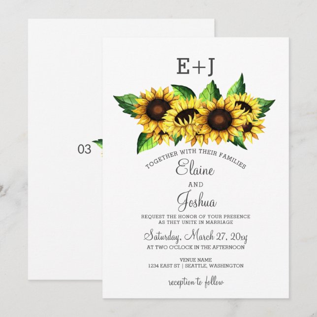 Watercolor Sunflowers Country Rustic Wedding Invitation (Front/Back)