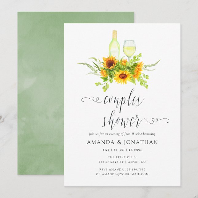 Watercolor Sunflowers Couples Shower Wine Tasting Invitation (Front/Back)