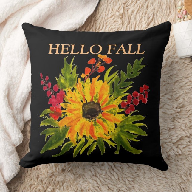Watercolor Sunflowers Cute Modern Pretty Fall  Throw Pillow (Blanket)