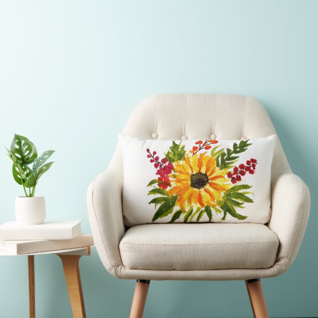 Watercolor Sunflowers Cute Modern Pretty Lumbar Pillow (Chair)