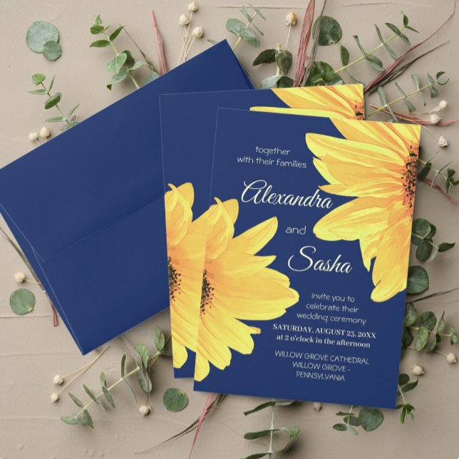 Watercolor Sunflowers dark blue Minimalist Wedding Invitation (Creator Uploaded)