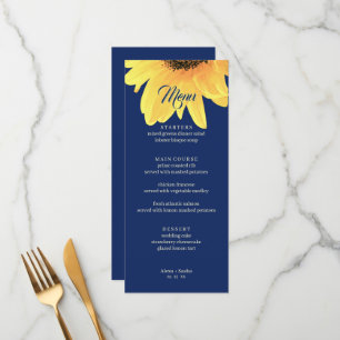 Watercolor Sunflowers dark blue Minimalist Wedding Menu