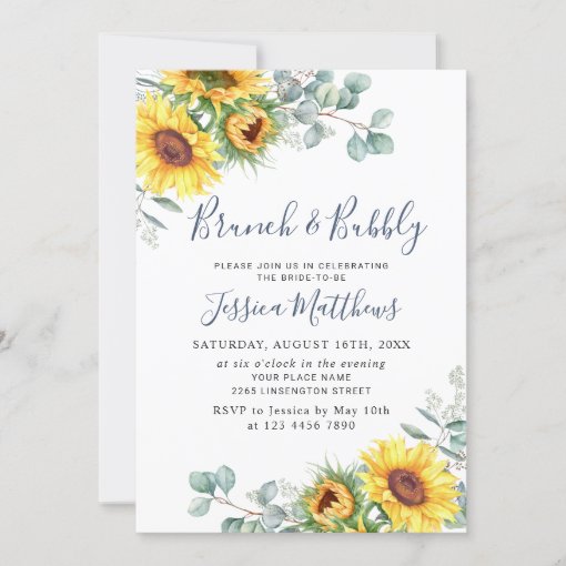 Watercolor Sunflowers Eucalyptus Brunch & Bubbly Invitation | Zazzle