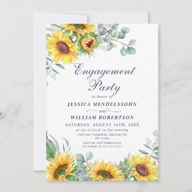 Watercolor Sunflowers Eucalyptus ENGAGEMENT PARTY Invitation (Front)