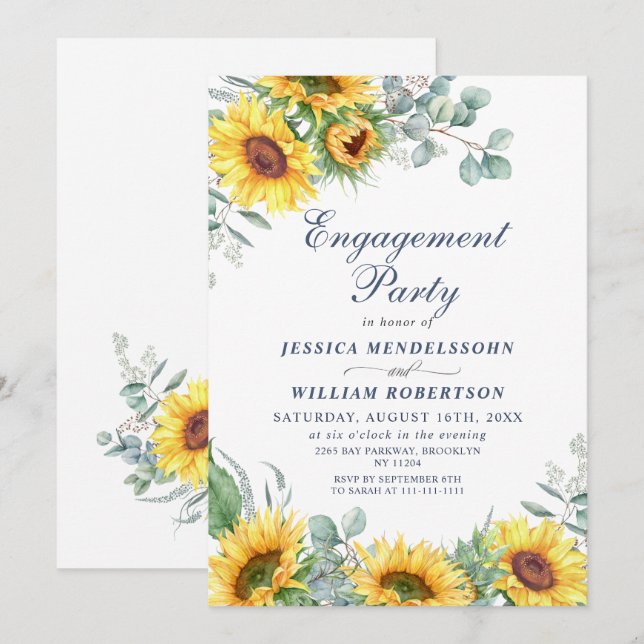 Watercolor Sunflowers Eucalyptus ENGAGEMENT PARTY Invitation (Front/Back)