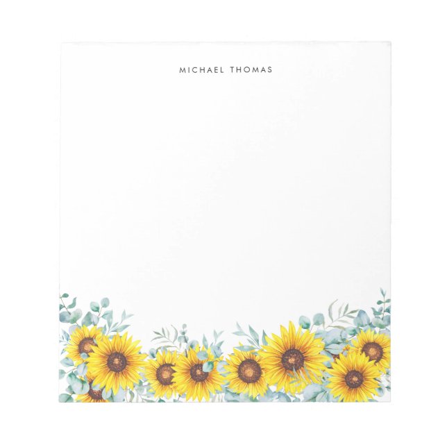 Watercolor Sunflowers & Eucalyptus Personalized Notepad (Front)