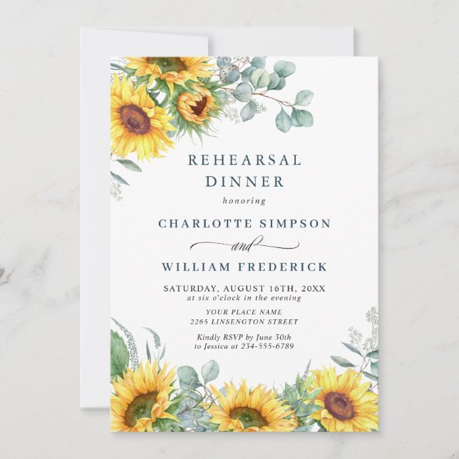 Watercolor Sunflowers Eucalyptus Rehearsal Dinner Invitation (Front)