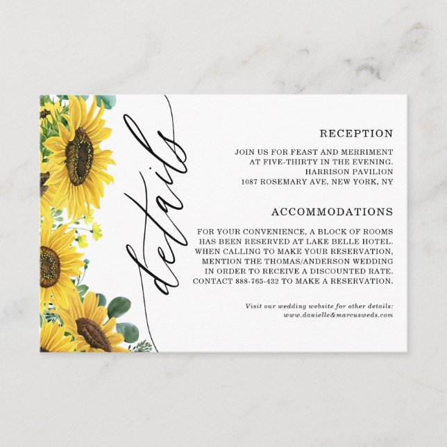 Watercolor Sunflowers & Eucalyptus Wedding Details Enclosure Card (Front)
