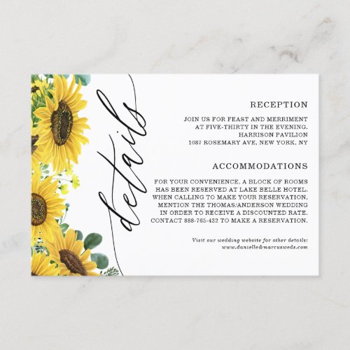 Watercolor Sunflowers  Eucalyptus Wedding Details Enclosure Card